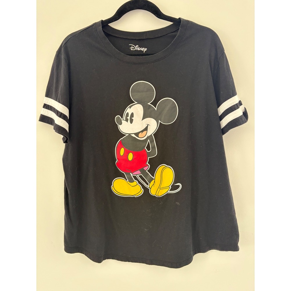 Disney Mickey Mouse Graphic T-Shirt Black Varsity Stripe Sleeve‎ Size
 1X